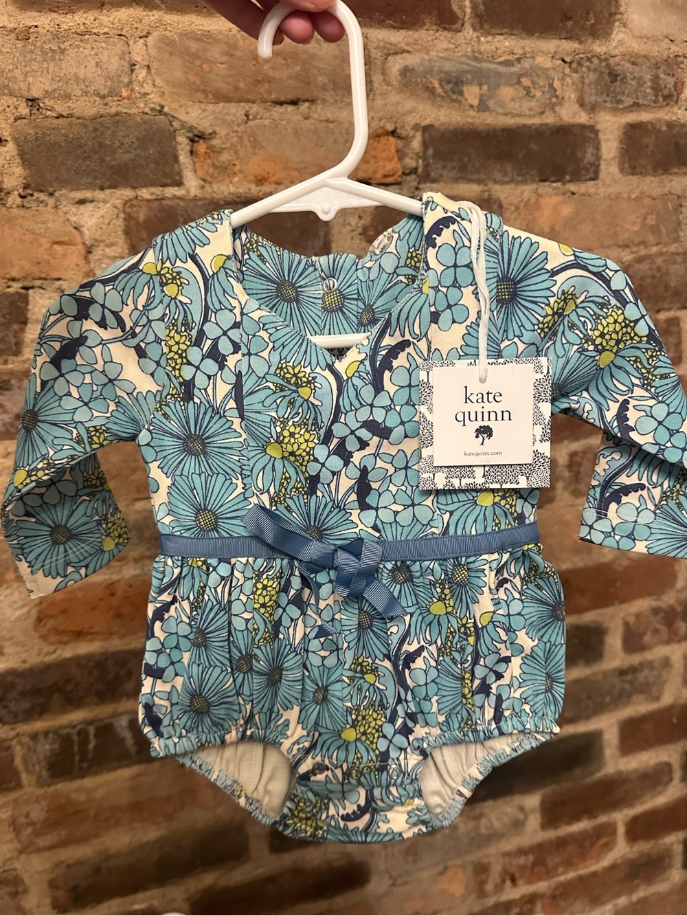 kate quinn Blue Floral Long-Sleeve Baby Romper with Satin Waist Tie
